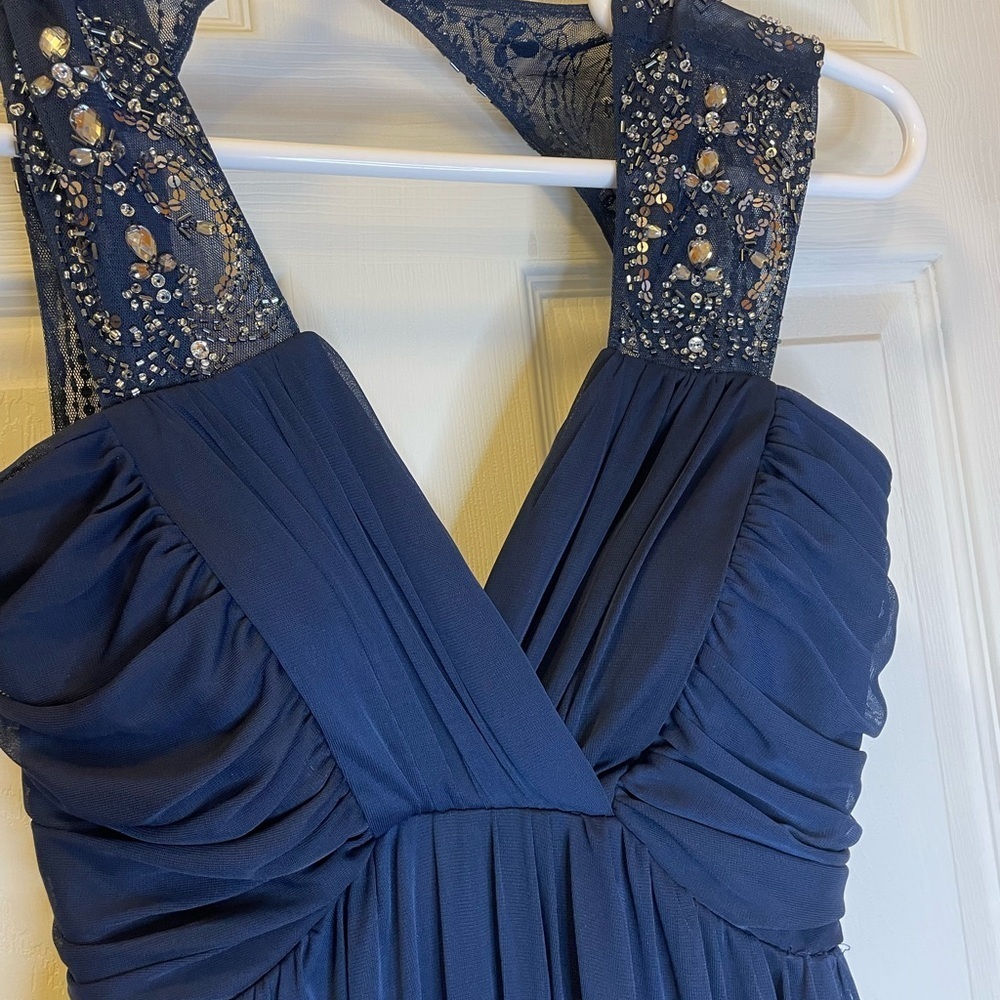 Night Way Collections Ruched Blue Sleeveless Gown - Picture 4 of 5
